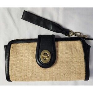 Coach Parker L0868-42474 Straw & Black Leather Wristlet Clutch Summer Purse Y2K
